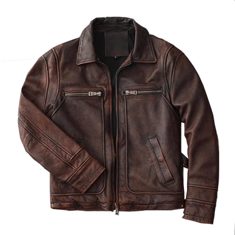 Chinese Size Vintage Red Browm Genuine Leather Jacket Light Coated First Layer Cowhide  Men Leather Jacket Fall and Winter