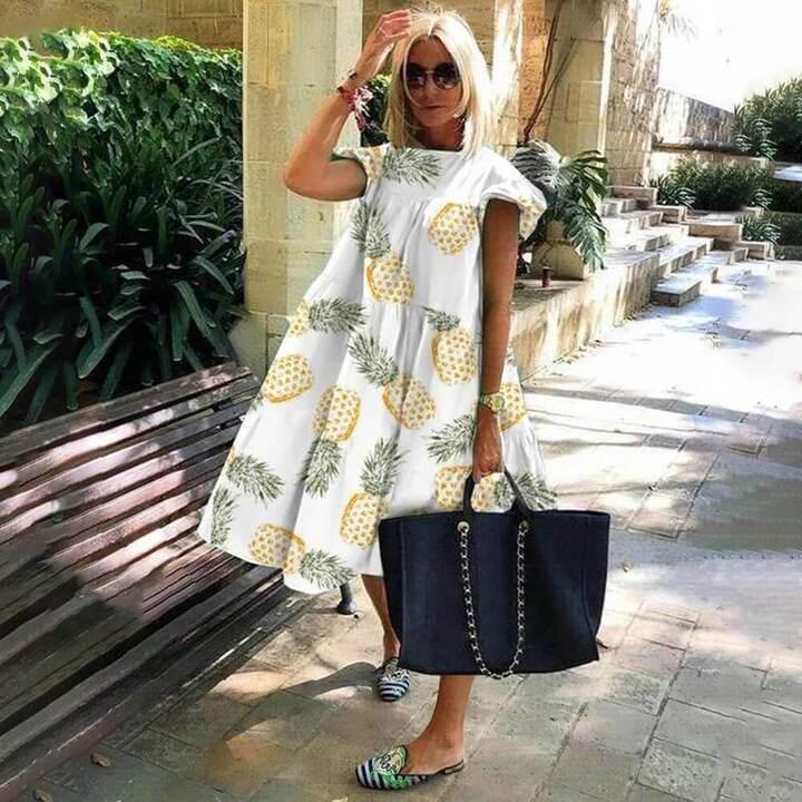 

Женское пляжное платье большого размера с розовым принтом кленовых листьев - Повседневная летняя мода с круглым вырезом Medium