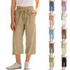 Girls' -Color Cotton-Linen Wide-Leg Loose-Fit Cropped Pants With Elastic Waistband