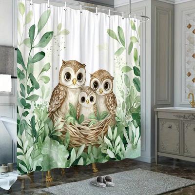 1pc Polyester Shower Curtain - 3 Wise Owls Nest Design, 70.8x70.8", Washable with 12 Hooks, Lush Greenery & Twigs Theme