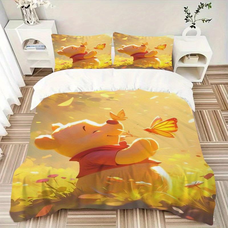 3pcs Winnie the Pooh Butterflies Printed Quilt Set Soft and Comfortable Quilt Cover for Bedroom, Guest Room Bedding Set Q091
