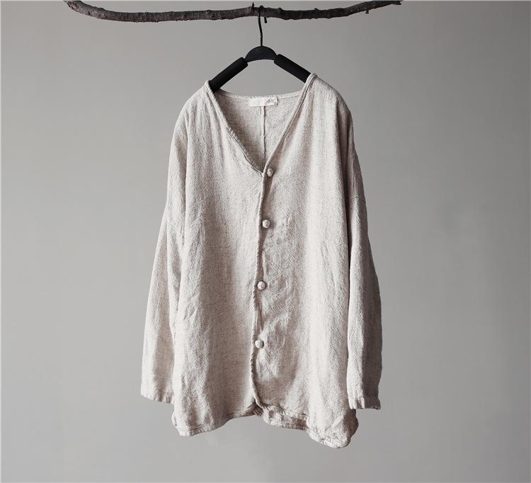 Dámský retro lněný kardigan - Národní styl, jednobarevný, ležérní volný střih na jaro a podzim