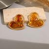 Vintage Amber Gradient Flower & Heart Stainless Steel Stud Earrings with Sun Pattern
