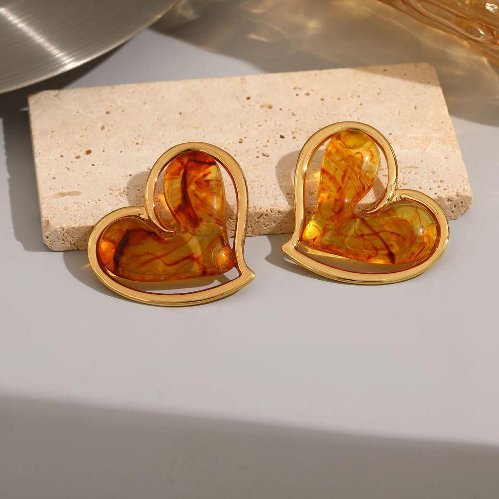 Vintage Amber Gradient Flower & Heart Stainless Steel Stud Earrings with Sun Pattern