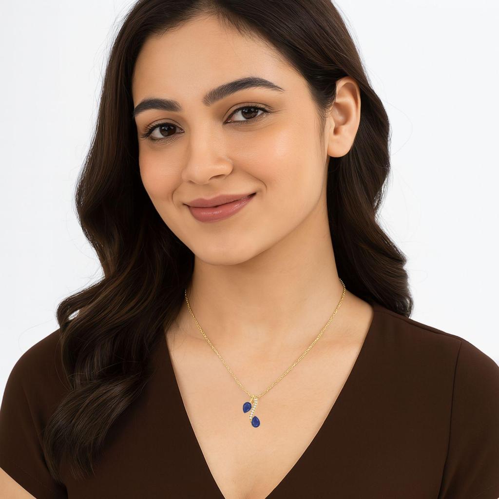 Blue Sapphire Dual Drop Wave Design Pendant - Stelring Silver