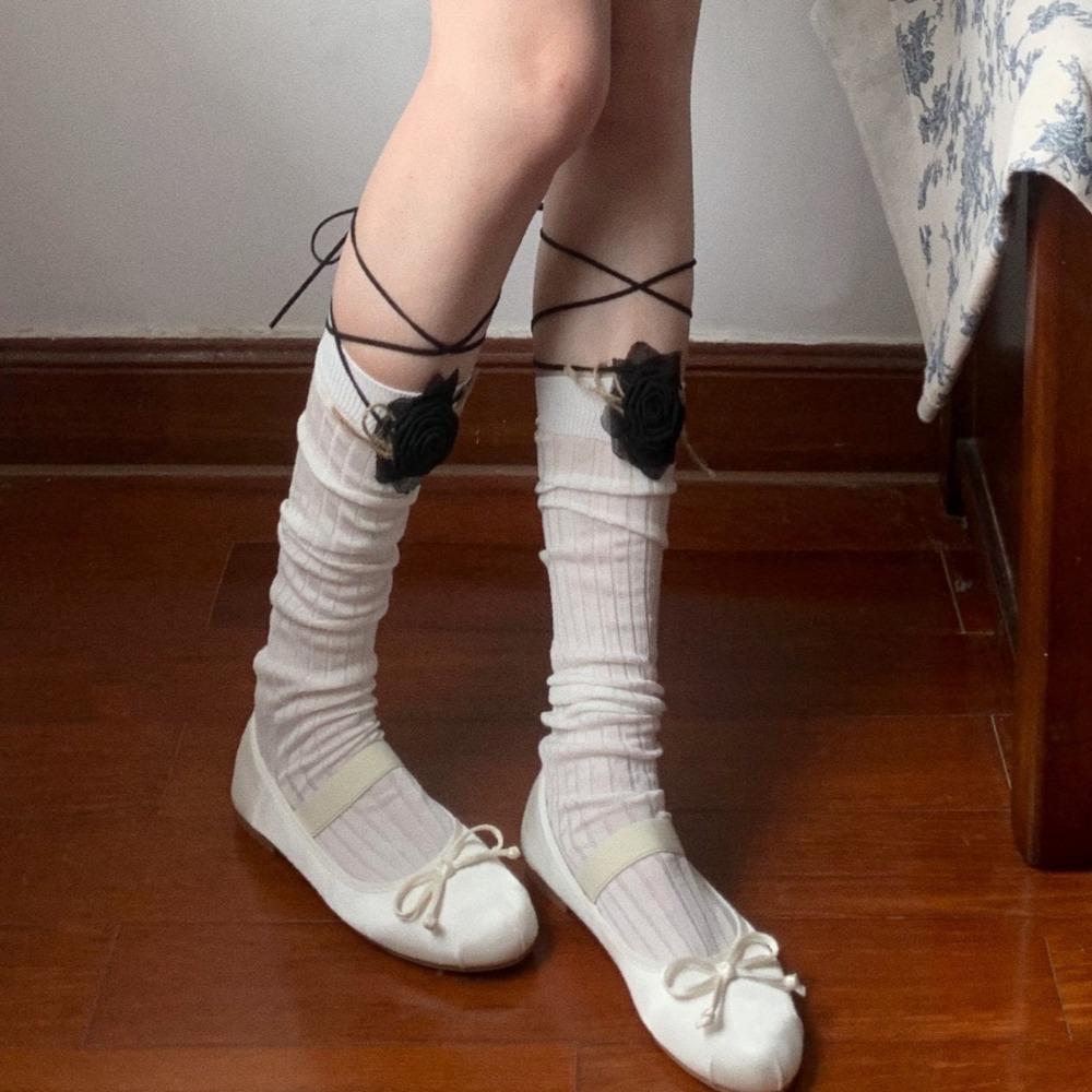 Lace Up Mid Tube Socks Ballet Style JK Lolita Stockings Breathable 3D Flower Stockings  Student