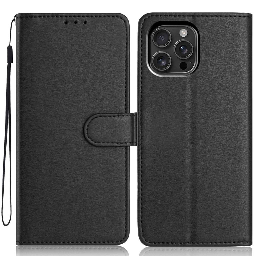 For iPhone 16 Pro Max Wallet Case with Strap/Multiple Card Slots Solid Color Leather Stand Phone Cover