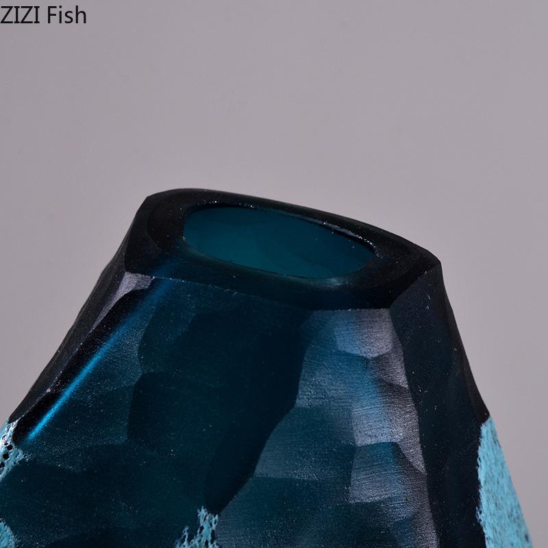 Geometric Texture Glass Vase Modern Blue Flower Pots Desk Decoration Flowers Arrangement Floral Vases Room Aesthetic Decor