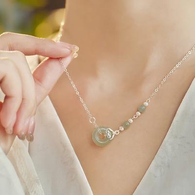 Hetian Jade Safety Buckle Necklace, Guochao Wind Auspicious Cloud Round Bead Collarbone Chain, Holiday Gift For Girlfriend And Mother
