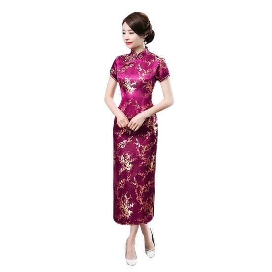 Traditional Chinese Women Long Cheongsam Bridesmaid Short Sleeve Evening Dress