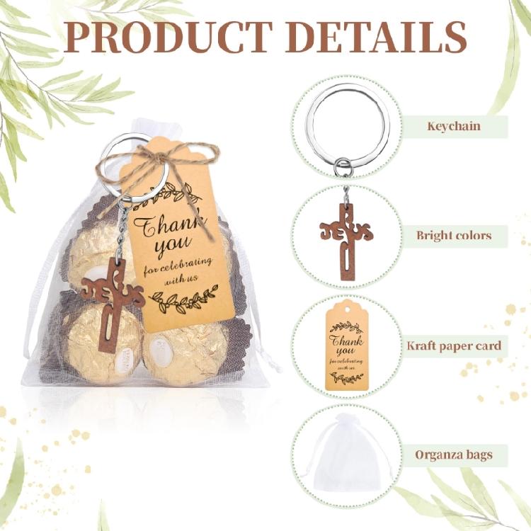 20PCS Natural Finish Wood Crucifix Keychains Gift for Baptism Communion Parties Including Friendly and Handmade