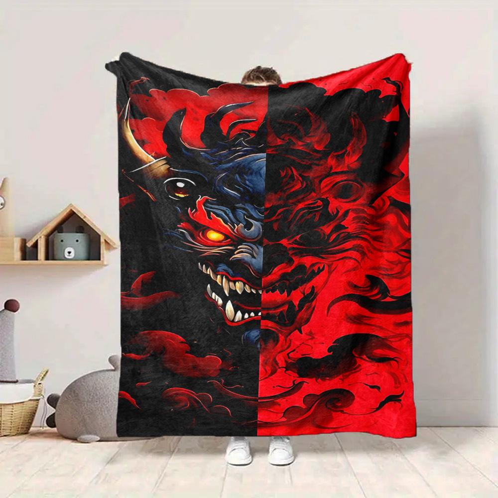 1pc Demon Mask Blanket, Lightweight Flannel Throw For Sofa, Bed, Travel, Camping, Livingroom, Office, Couch, Chair