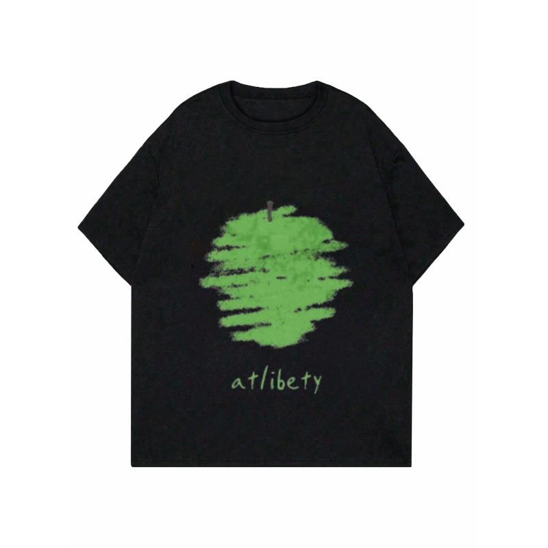 Lässiges lockeres T-Shirt Schwarz Grüner Apfel-Print mit Atlibety-Text für den täglichen Gebrauch und Streetstyle