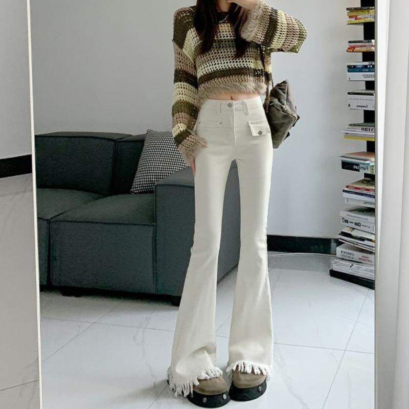 

White Tassel Flared Jeans for Women In Spring and Autumn New High-waisted Slim Fit Horseshoe Mopping Floor Tiny Trousers XXL