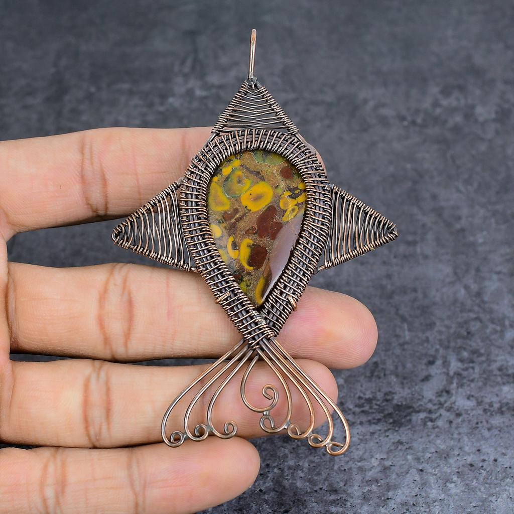 Natural Bamboo Jasper Gemstone Copper Wire Wrap Jewelry Pendant 3.74" d5Y11