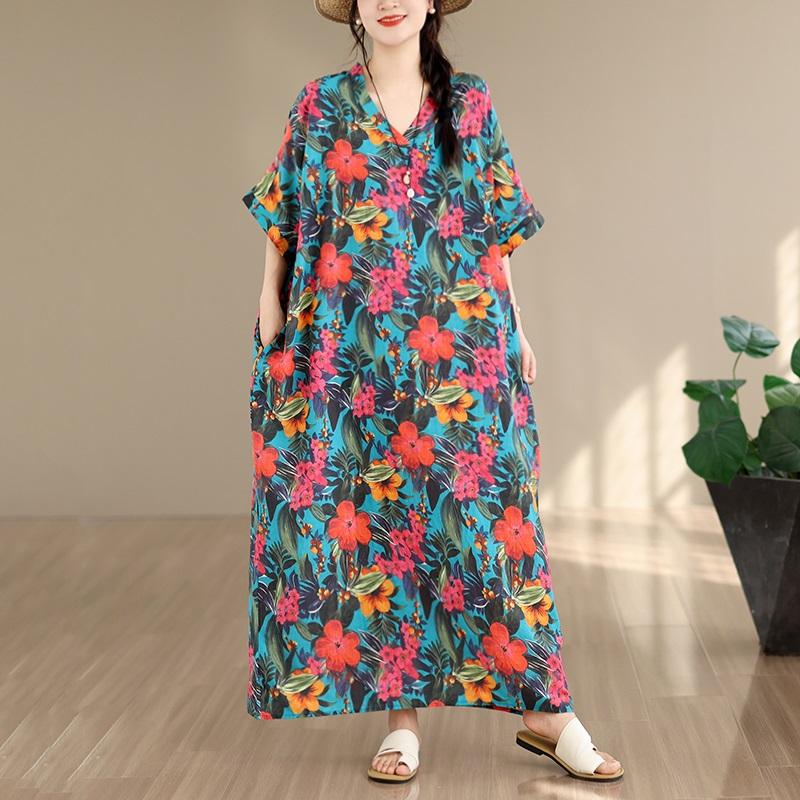 Short Sleeve Plus Size Cotton Vintage Floral New In Dresses for Women Casual Loose Maxi Long Summer Dress