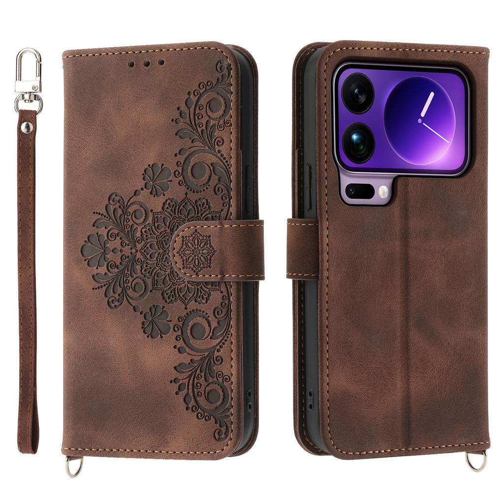 For Xiaomi 17 Pro Max Case Flower Pattern PU Leather Wallet Phone Cover with Strap