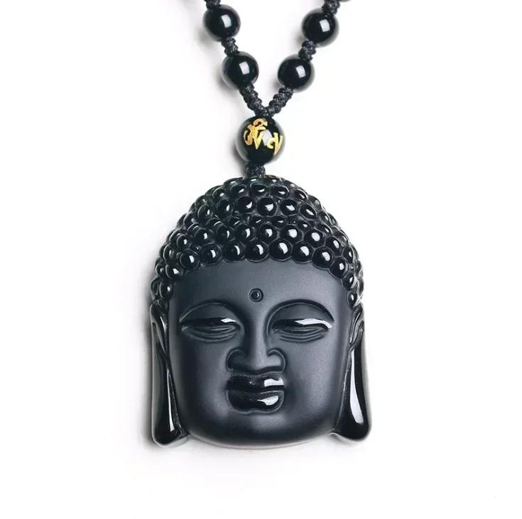 Obsidian Buddha Head Lucky Amulet Pendant Tathagata Buddha Blessing Necklace Religious Buddhist Jewelry Men and Women Gifts