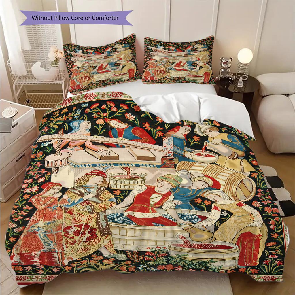 Medieval Court Life and Grape Harvesting Bedding, Duvet Cover, Pillowcase, Home Decoration, Birthday Gift (1 * Duvet Cover+2 * Pillowcase, Coreless)