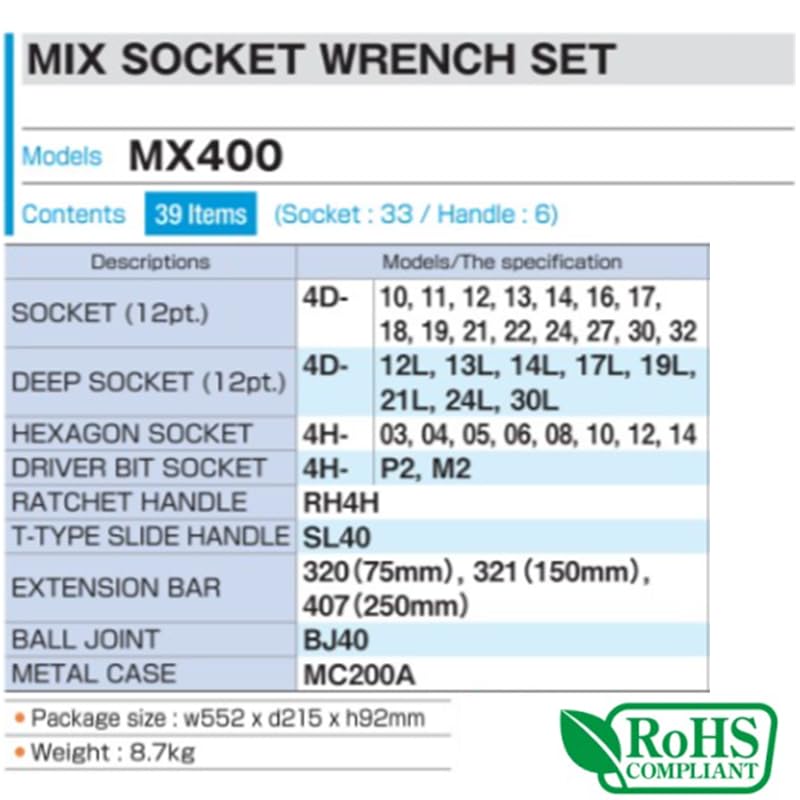 TONE MX400 Mixed Socket Wrench 39 Pieces Set, 12.7mm (1/2") Drive, Silver,