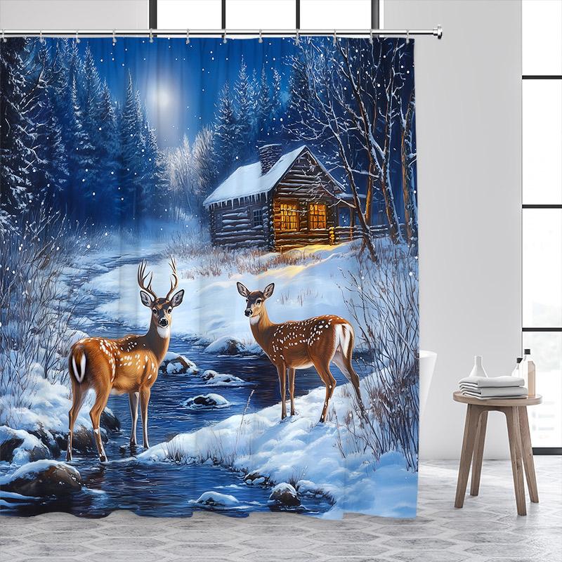 Winter Forest Elk Shower Curtain Snow Whitetail Deer Streams Farmhouse Cedar Christmas Home Bathroom Decor Bath Curtains Set