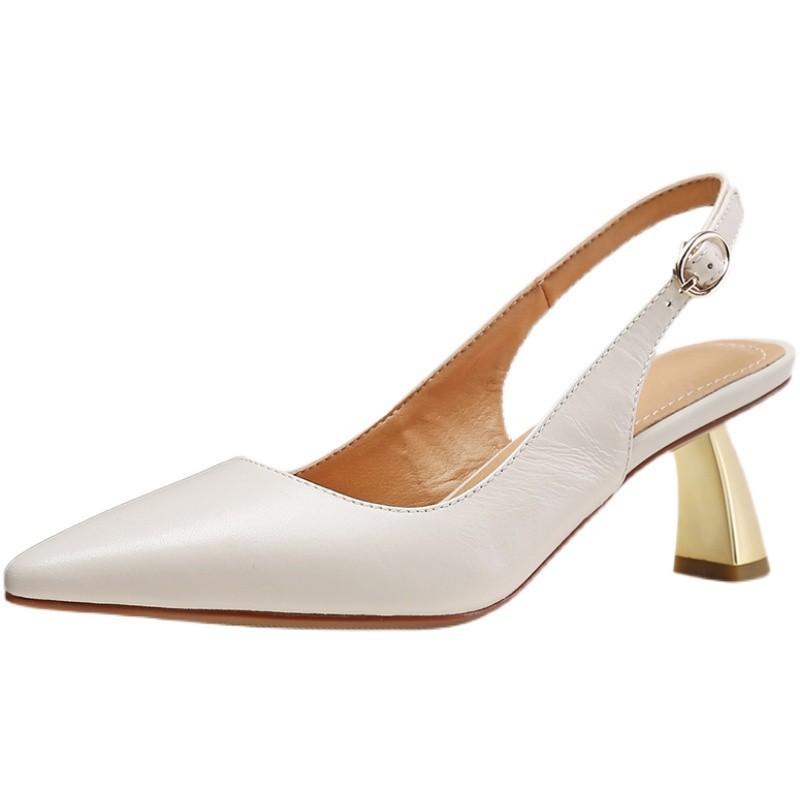 New retro pointed high heels beige bag head sandals women's stiletto middle heel empty single shoes
