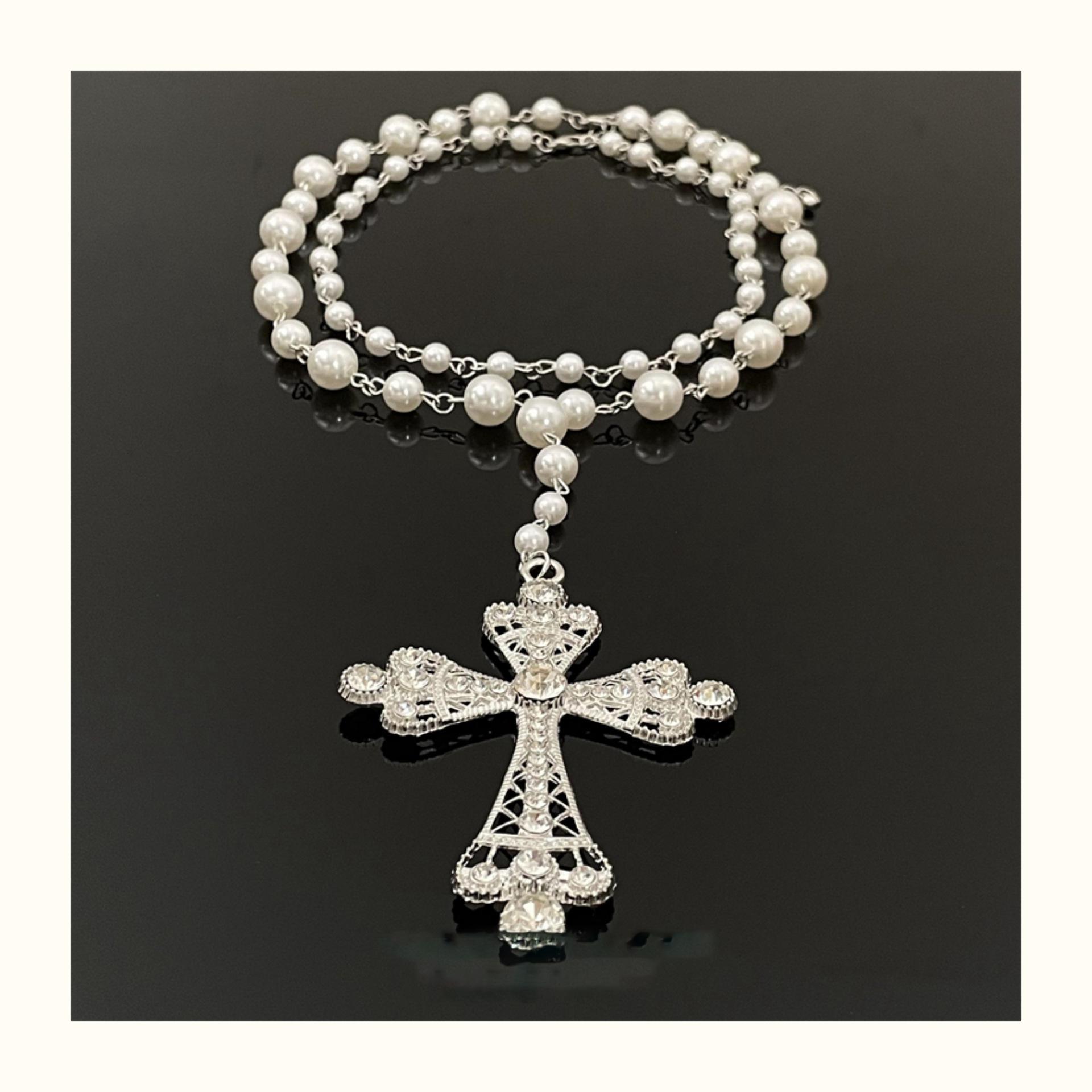 

Ожерелье-подвеска в виде креста с жемчужными бусинами и бриллиантами, легкая роскошь, ретро, цепочка для ключицы, нишевая мода, высококачественная бижутерия для женщин
