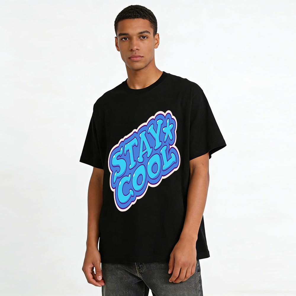 Stile Americano Retrò T-shirt Unisex Casual Manica Corta Stampa Lettere STAY COOL Vestibilità Larga Cotone T-shirt in puro cotone