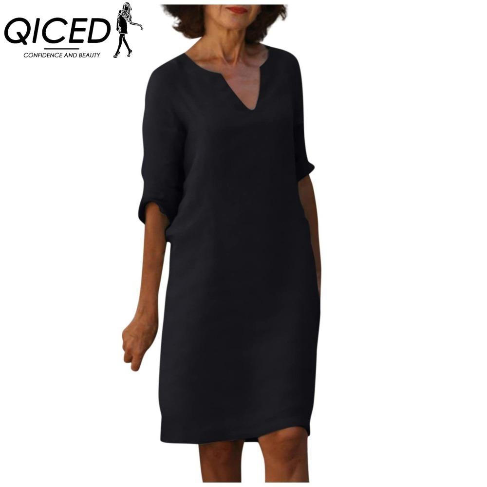 QICED Women Summer Solid Color Cotton Linen Retro V-Neck Short Sleeve Dress Lightweight Breathable Dress