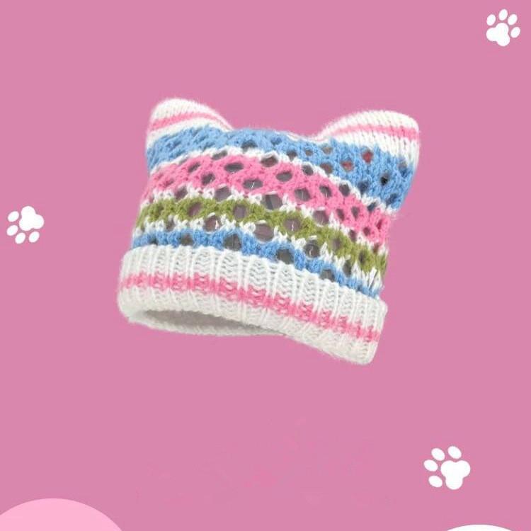Playful Ear Cat Hand Knitted Beanie Hat For Women Charming Striped Design Perfect For Autumn And Fashion Winter