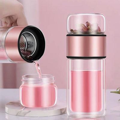 Tea Infuser Glass Cup - Double Wall Insulated & Heat-Resistant, Cute Portable Tumbler for Women, Summer Travel & Office Use