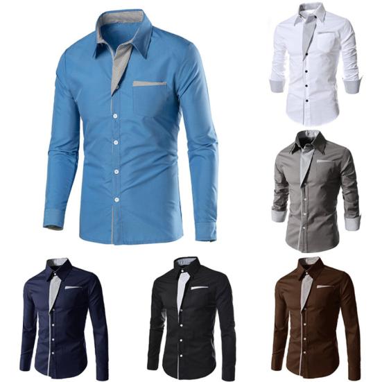 Fashion Men Stand Collar Long Sleeve Color Block Button Up Shirt Slim Fit Top
