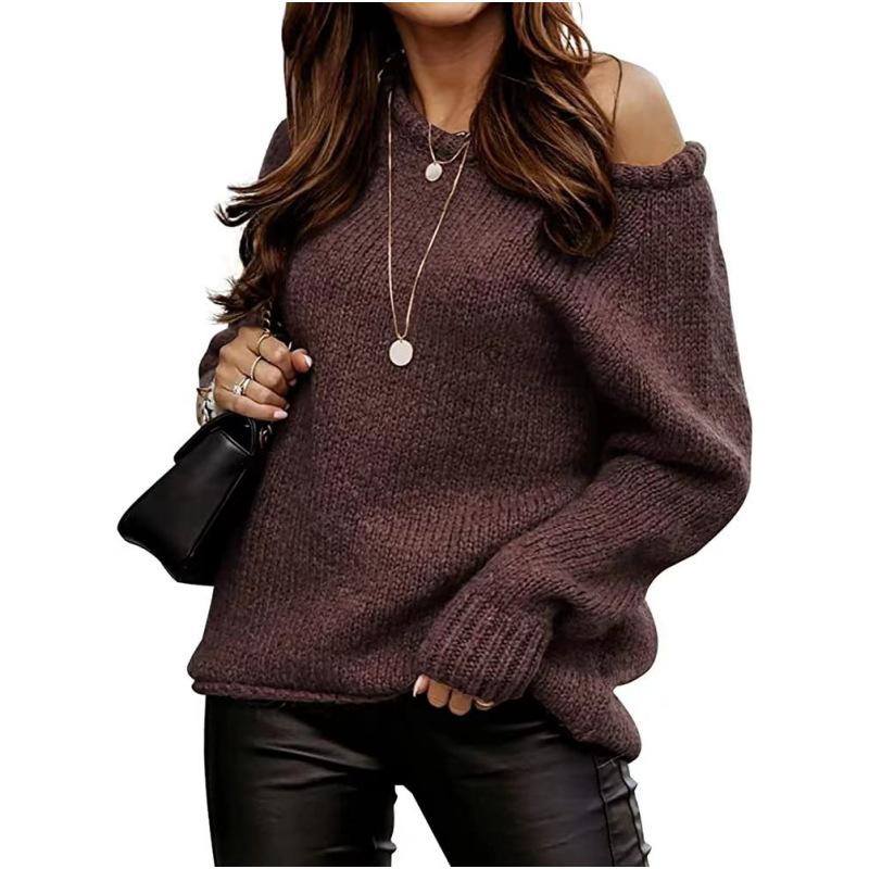 Autumn and Winter Shoulder Sexy Crewneck Turtleneck Sweater Solid Color Casual Loose Plus Size Sweater for Women