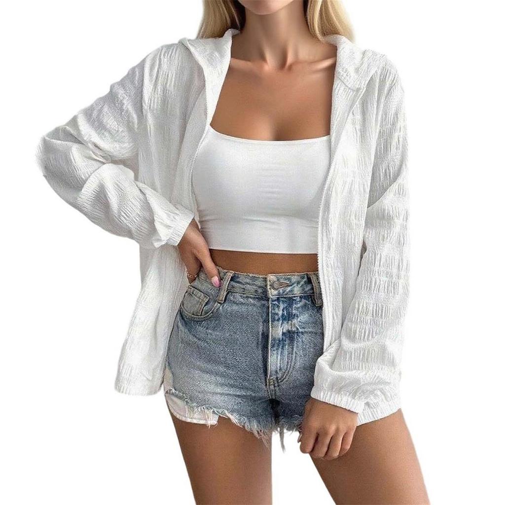 Women's Solid Color Long Sleeved Hooded Zipper Thin Jacket