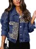 European-American Leopard Print Patchwork Ripped Denim Jacket - Women's Casual Autumn Fashion.