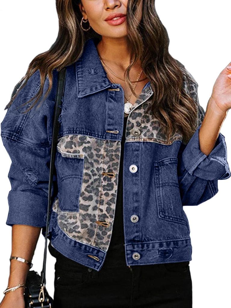 European-American Leopard Print Patchwork Ripped Denim Jacket - Women's Casual Autumn Fashion.