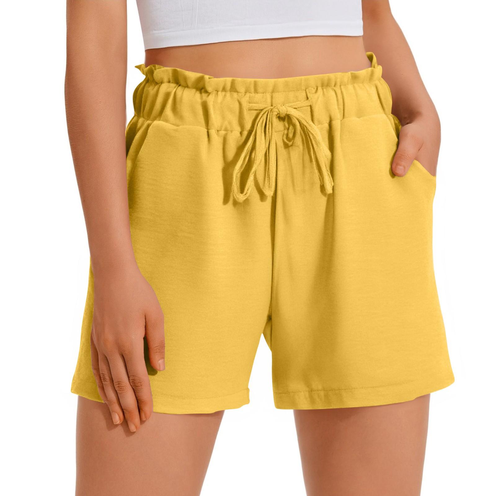 

Льняные шорты для женщин, летние повседневные, с высокой талией, широкие, на шнурке, пляжные, свободные шорты, удобные, модные наряды XL жёлтый