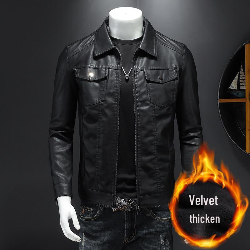 Men's Slim Fit PU Leather Motorcycle Jacket - 2024 Spring/Autumn Korean Style with Fleece Lining