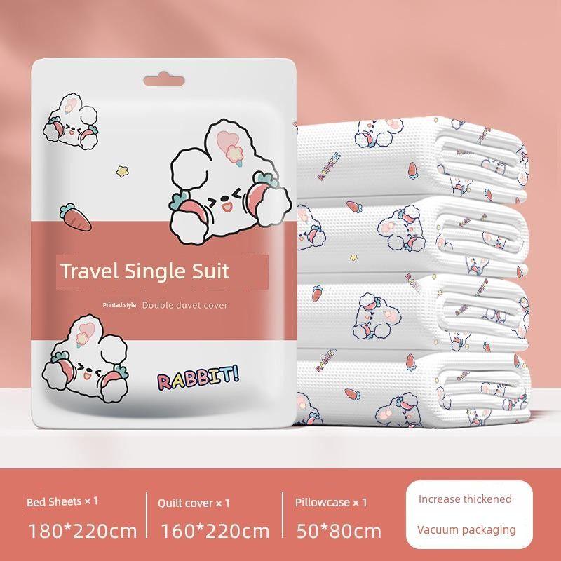

Disposal Bed Sheet Duvet Cover Pillowcase Travel Hotel Quilt Cover Four-Piece Set Dirt-Proof Single Double Travel Bedding 100cm x 200cm Pink rabbit Print three-piece set
