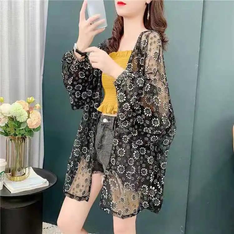 Summer Sun Protection Clothing Women's Korean Fashion Mesh Hooded Sun Protection Jacket Little Daisy Sun Protection Cardigan Jacket