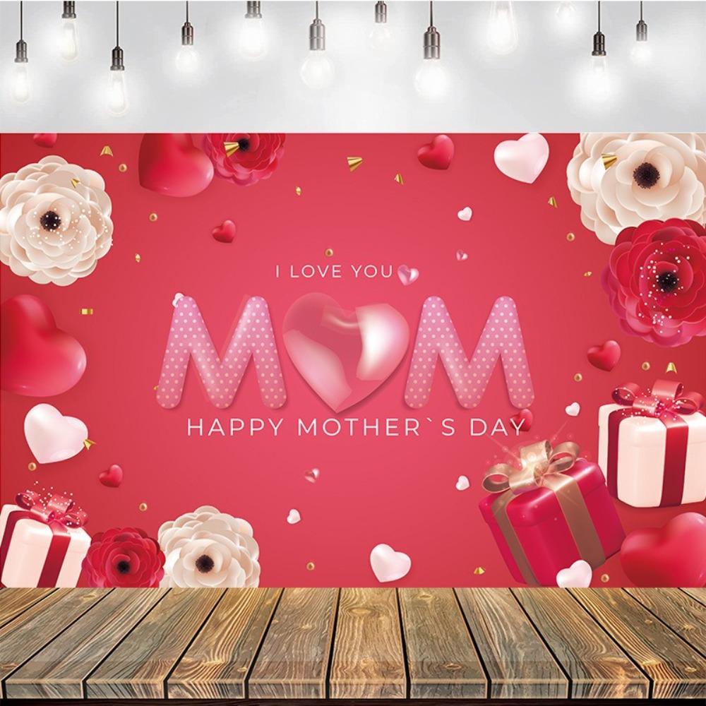 Polyester Happy Mother’s Day Backdrop I Love You Mom Hanging Banner  Photo Booth