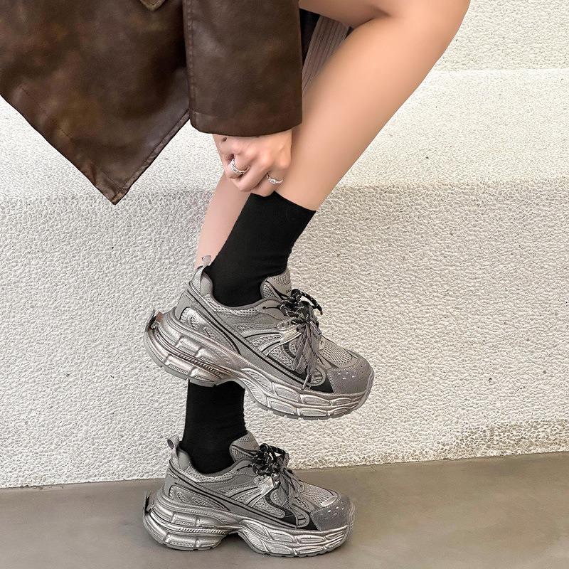 Leather dad shoes women's thick soles increase in height, small people show long legs, sports shoes 2025 spring breathable casual jogging shoes