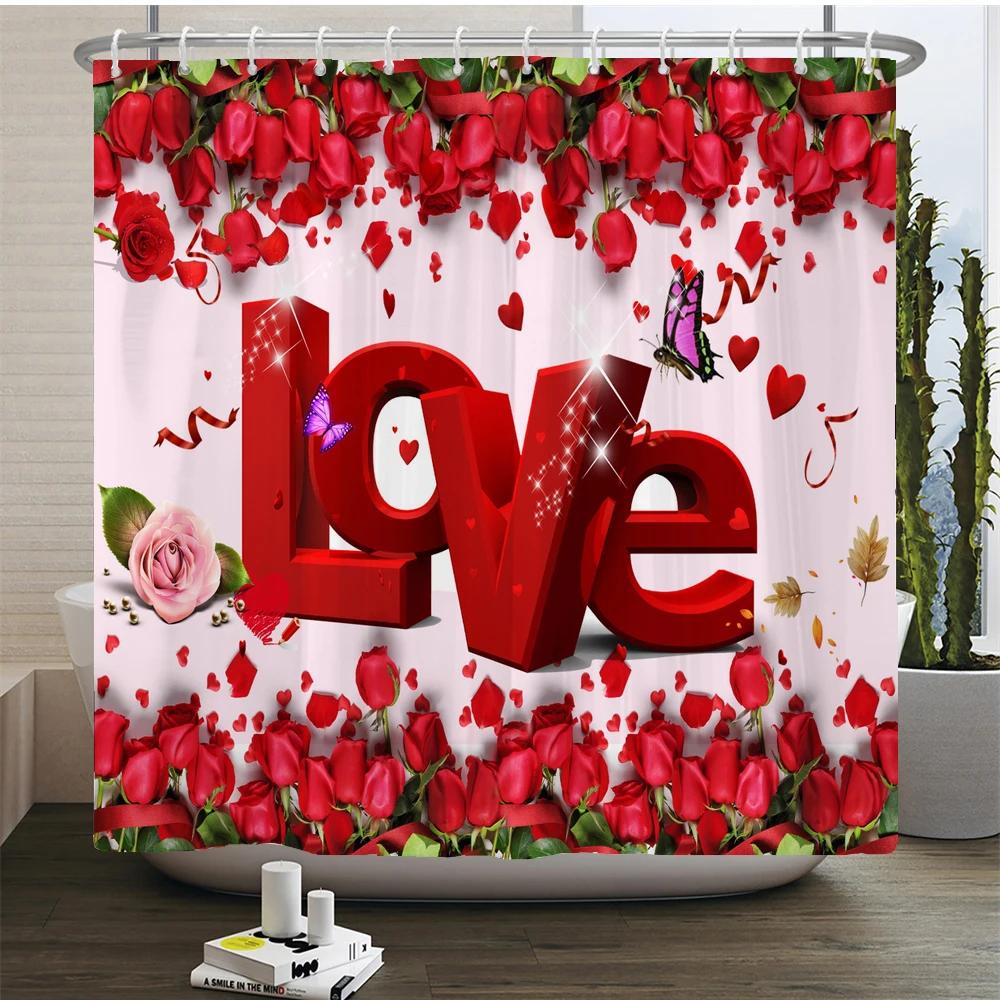 Love Heart Shower Curtain Romantic Red Pink Sexy Lips Waterproof Print Heart Pattern Bathroom Bathtud Decor Fabric With Hooks