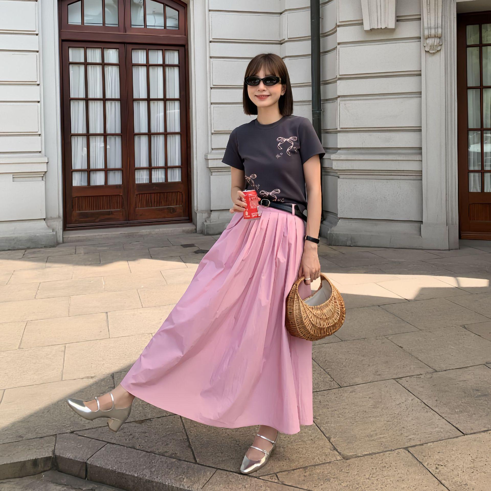 

2024 Summer Versatile Pleated Midi Skirt with Belt S1212 Medium