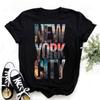 Vintage Washed Black Oversized T-Shirt Retro New York City Skyline Print Streetwear Cotton Short Sleeve Crewneck Tee