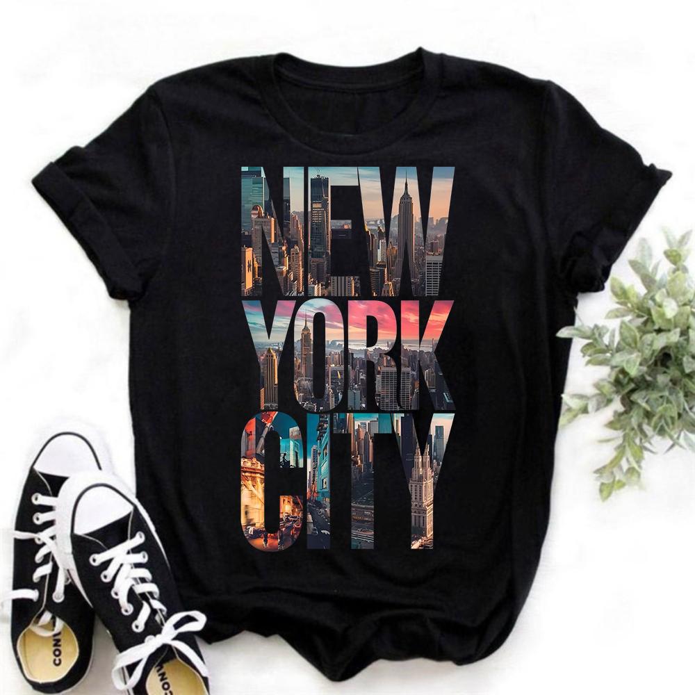 Vintage Washed Black Oversized T-Shirt Retro New York City Skyline Print Streetwear Cotton Short Sleeve Crewneck Tee