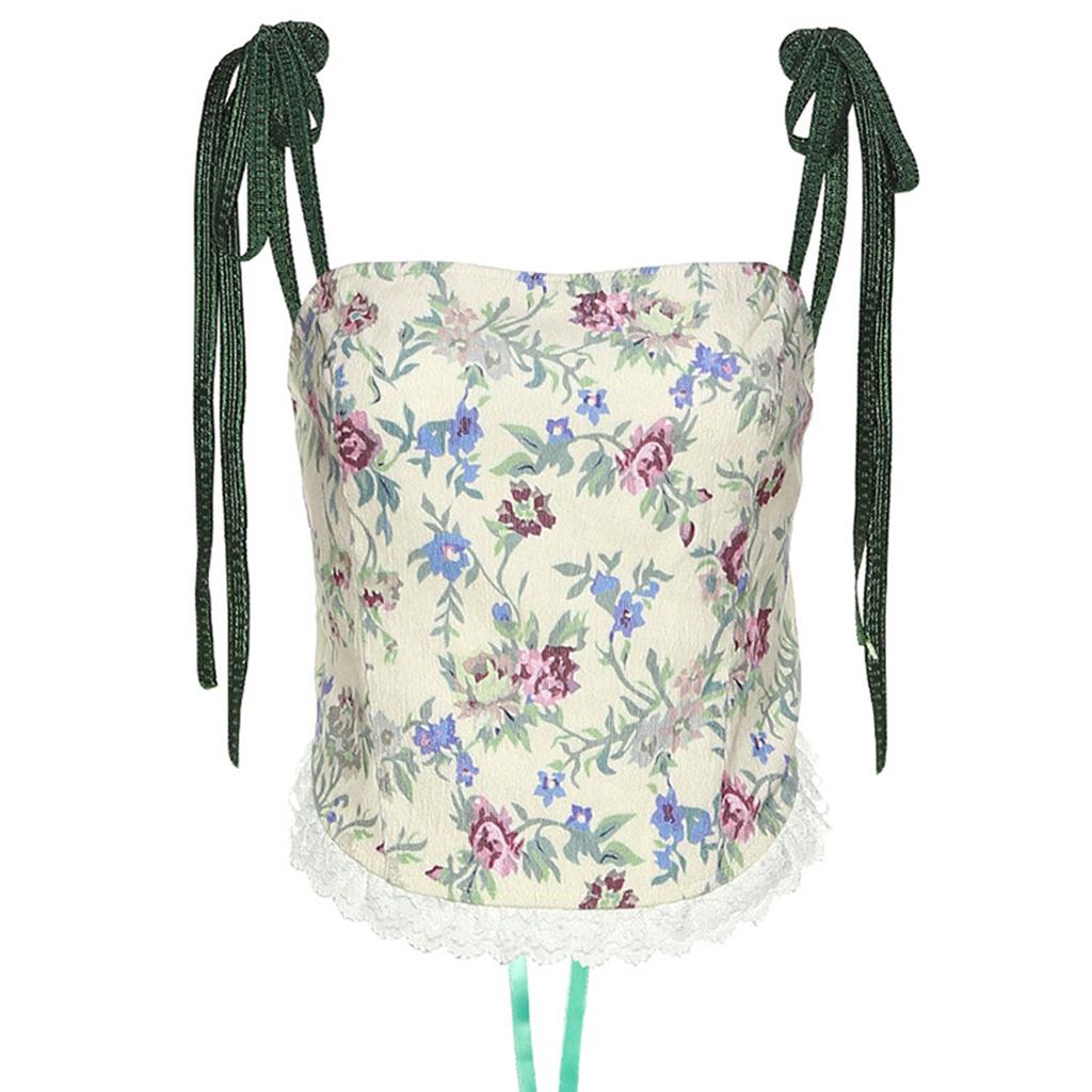 Floral Bustier Crop Top Corset With Straps Womens Camisole for Tank Tops Backless Bustier Lace Up Print Camisole Tops