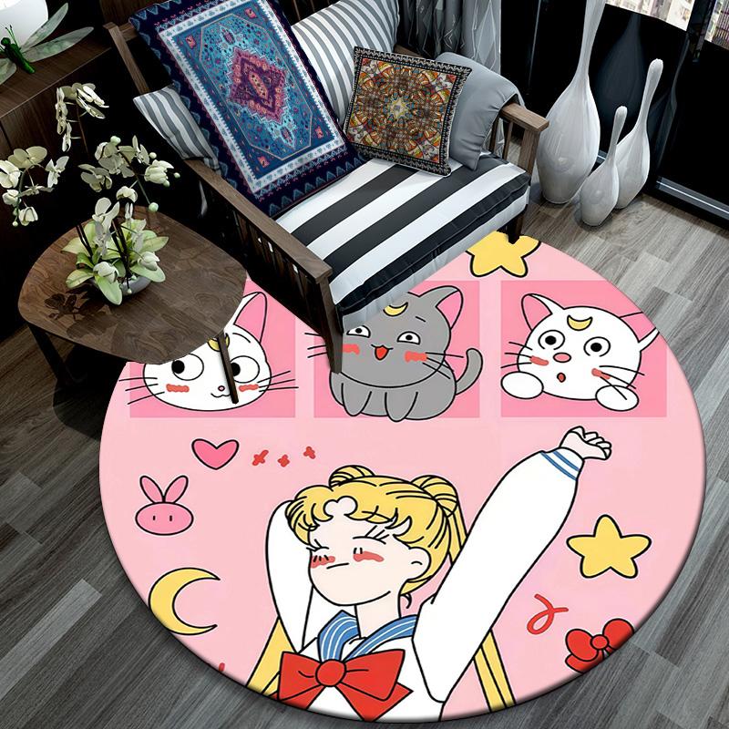 Sailor Moon Round Area Rug,Carpet Rug for Living Room Bedroom Sofa Playroom Decor,Non-slip Floor Mat