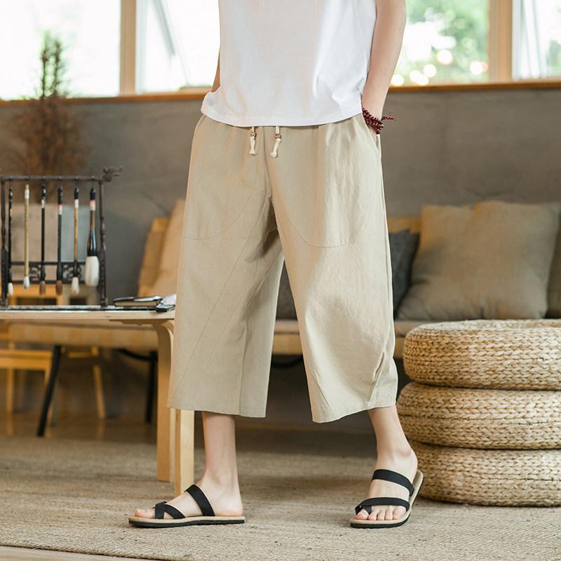 Loose Cotton Linen Men's 7/8 Pants Summer Casual Wide Leg Shorts Breathable Comfortable Loose Fit Male Model Beach Style