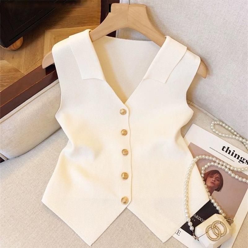 French Temperament V-Neck Single Breasted Sleeveless Slim Knitted Vest For Women